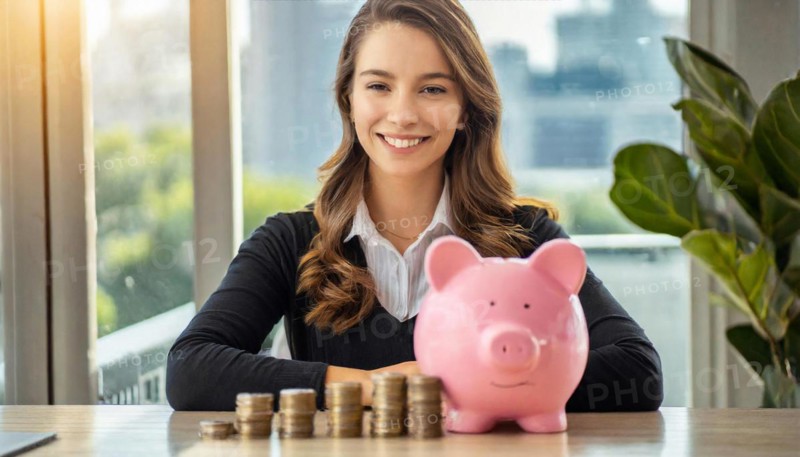 AI generated, A young woman, 20, 25, years, saves money and coins for the future, provision, nest egg, euro, coins, euro cent