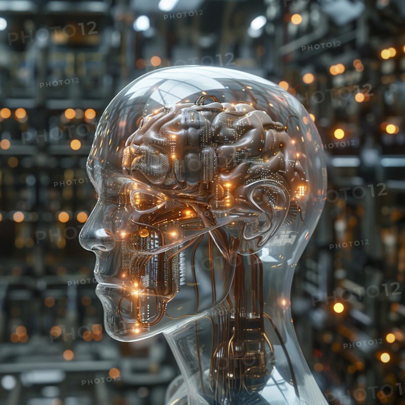 Medical a human head with brain and computer chip, symbol image KI in the human brain, ai generated, AI generated