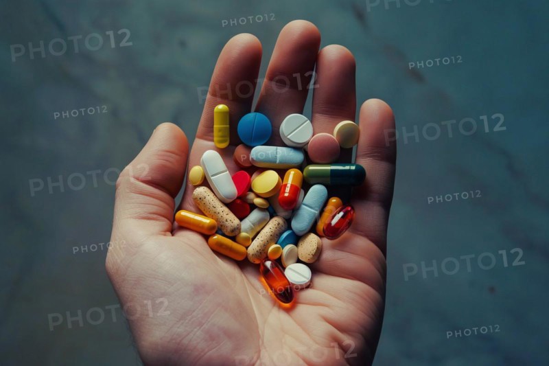 Hand holding many different colorful medical pills and capsules. KI generiert, generiert AI generated