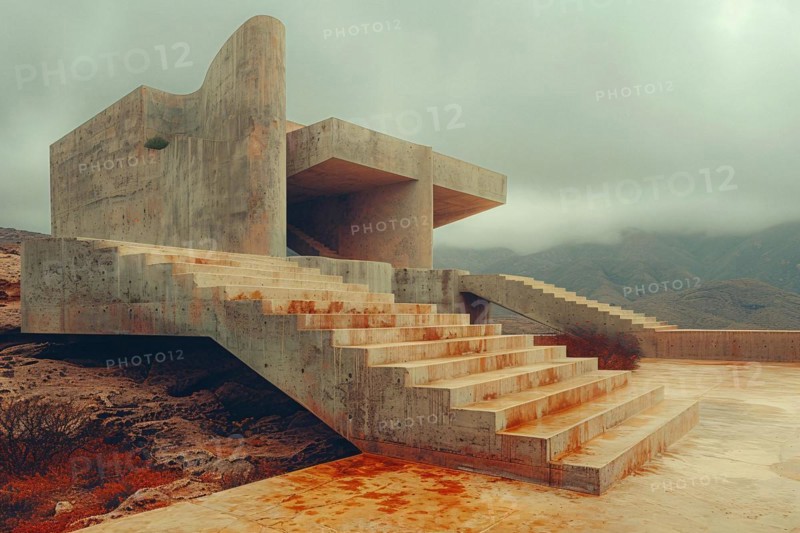 Deserted modern concrete building with abstract shapes under an overcast sky, AI generated