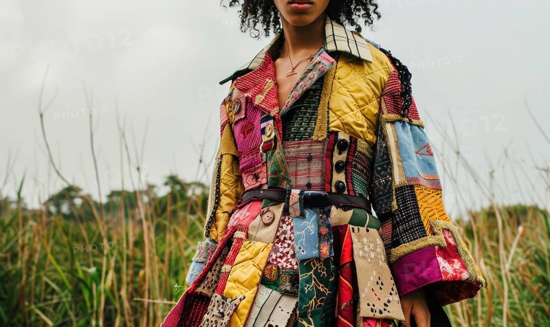Person in a colorful patchwork coat standing in a field AI generated