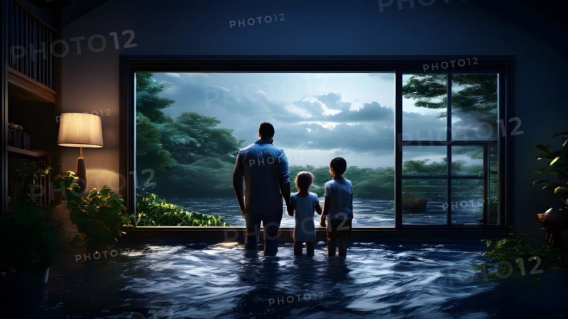 Family in partially submerged house from floodwater, AI generated