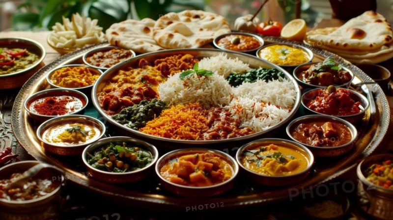 A colorful spread of various Indian dishes in a celebratory setting, ai generated, AI generated