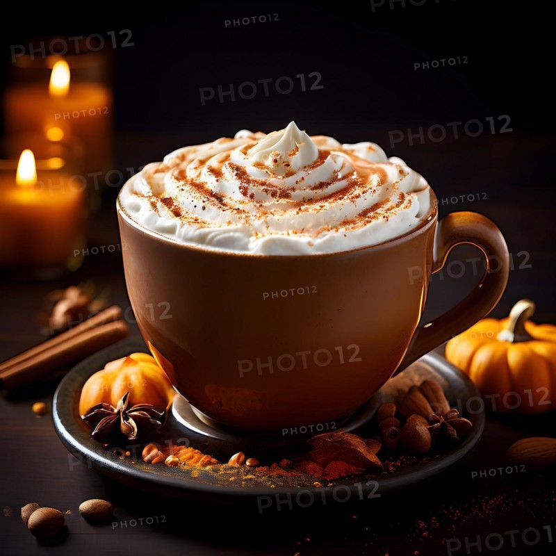 Pumpkin spice latte brimming with whipped crema, AI generated