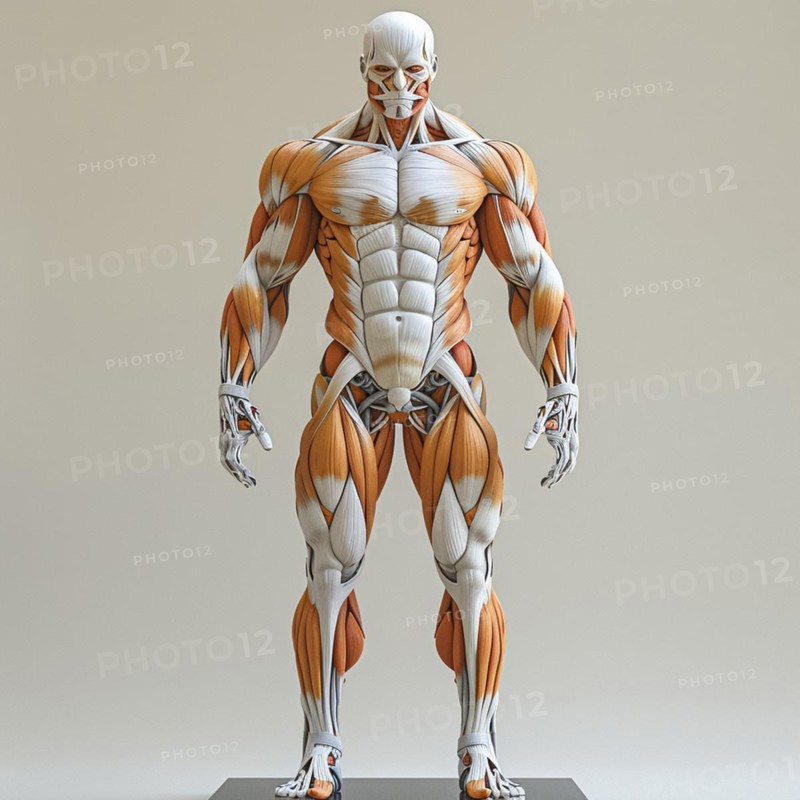 A standing anatomical model of a human body without skin shows muscles and skeleton, AI generated, AI generated, AI generated