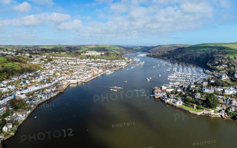 Dartmouth and Kingswear over River Dart from a drone, Devon, England, United Kingdom, Europe