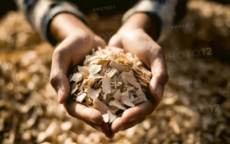 Holding woodchips in your hands, woodchips, renewable fuel, climate change, AI generated, AI generated