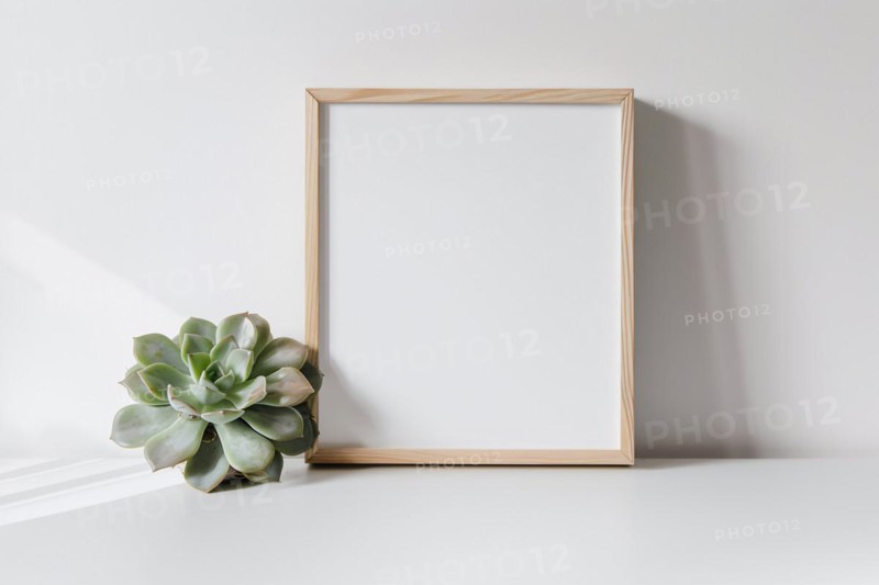 Single wooden empty picture frame leaning on white wall next to succulent houseplant. Poster mockup. KI generiert, generiert AI generated