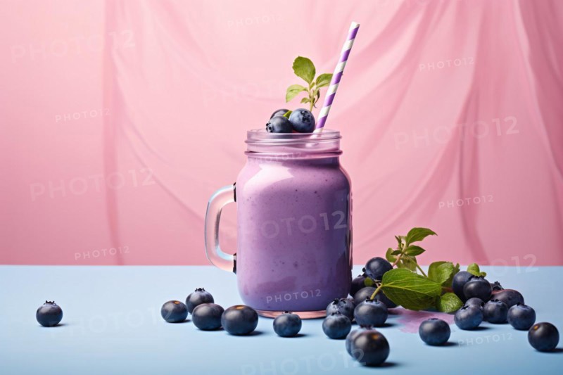 Glass jar with blueberry smoothie or milkshake. KI generiert, generiert AI generated