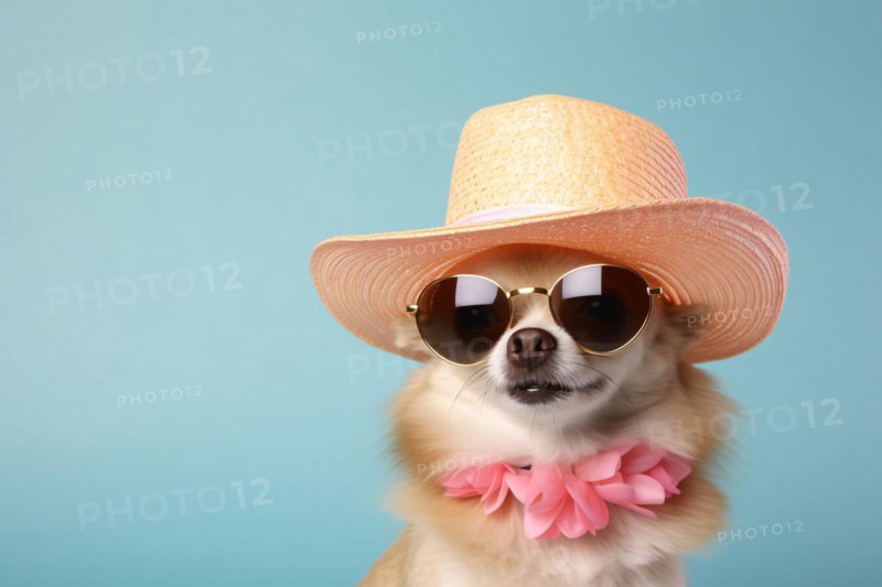 Funny dog with summer straw hat, large sunglasses and pink Hawaiian Lei flower necklace in front of pastel blue studio background. KI generiert, generiert AI generated