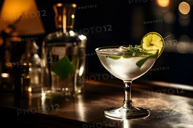 Gin martini cradling a single olive perched on an elegant bar, AI generated