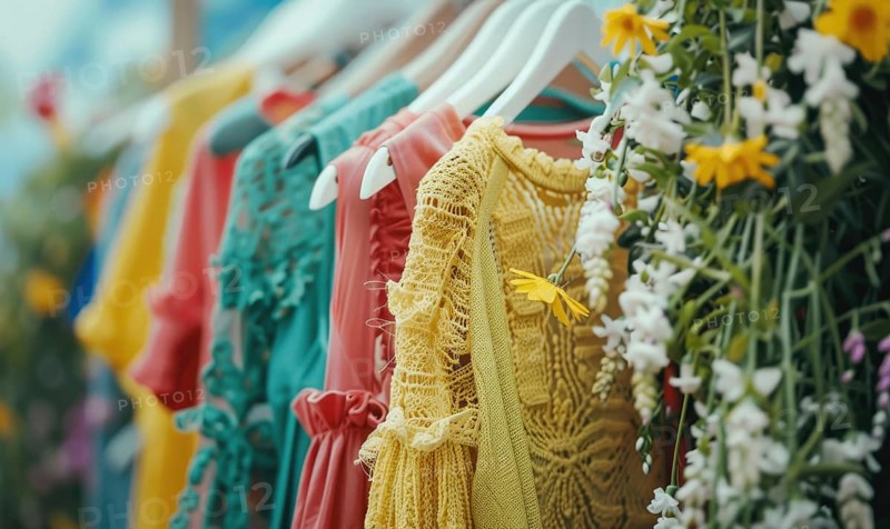 Colorful dresses on hangers with a background of blooming flowers AI generated