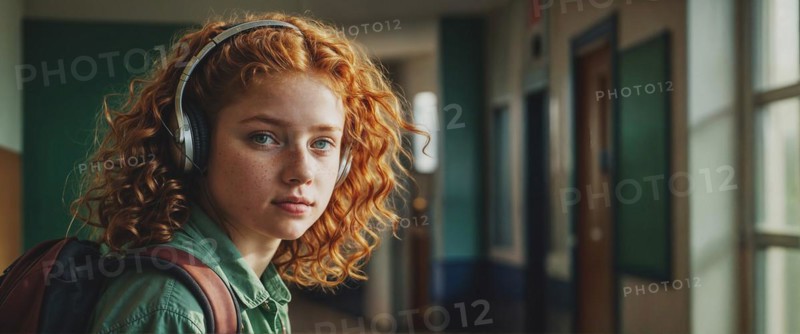 A thoughtful teenage redhead ginger girl with curly hair and frekles wearing headphones in a school corridor, wide horizontal aspect ratio, blurred sunny background with bokeh effect, AI generated