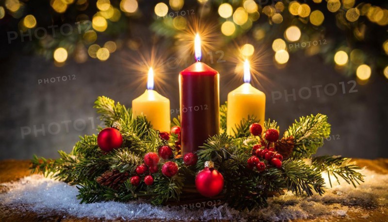 Ai generated, Advent wreath with burning candles, Christmas time, Christmas decoration, 3rd Advent, Third Advent