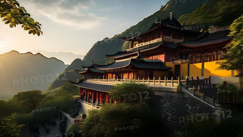 Shaolin monastery embraces by verdant flora, AI generated