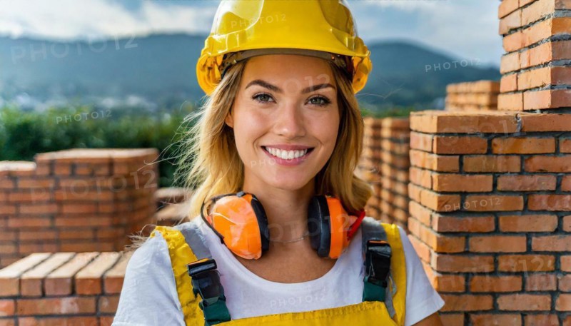 AI generated, A female bricklayer inspects a brick wall, 30, 35, years