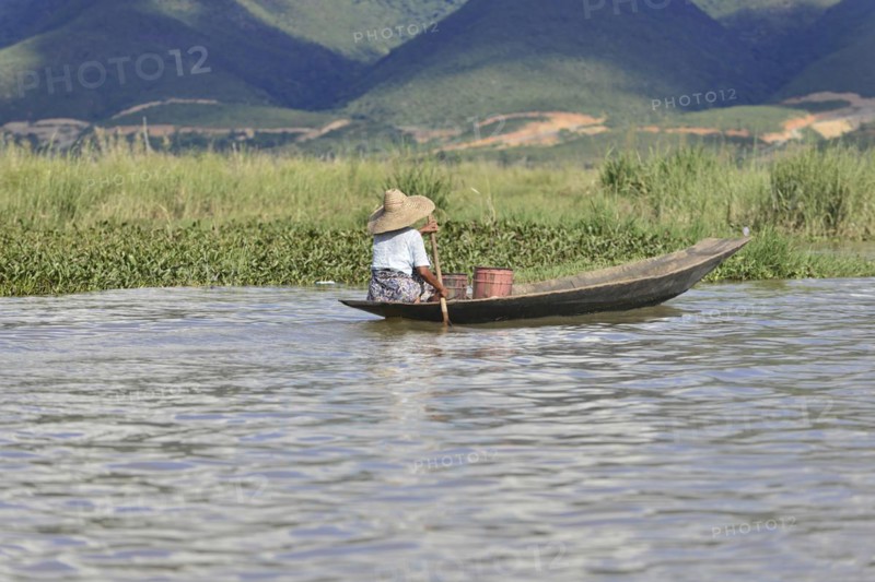 Person rowing alone in a narrow boat on a river, Inle Lake, Myanmar, Asia