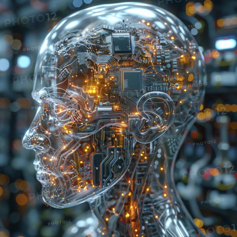 Medical a human head with brain and computer chip, symbol image KI in the human brain, ai generated, AI generated