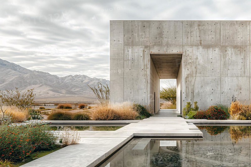 A modern concrete building with a water feature, mountains in the background under a cloudy sky, AI generated