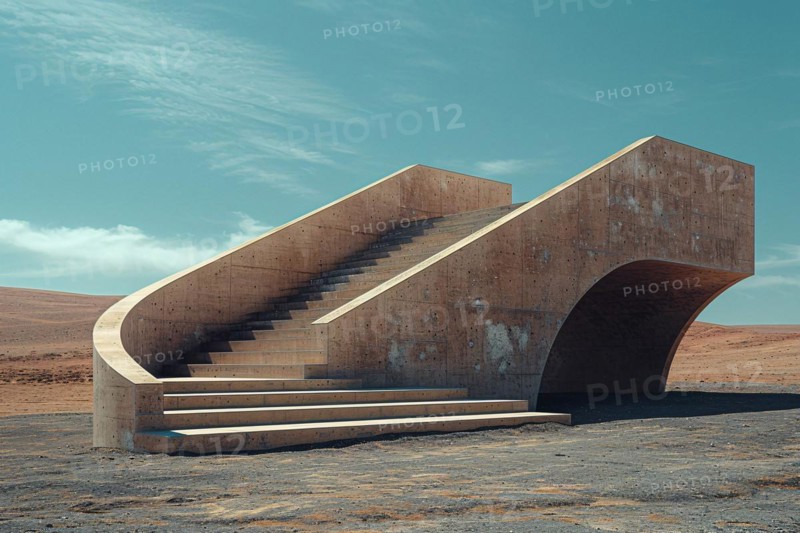 Brutalist concrete staircase in a desert setting with strong shadows and a clear sky, AI generated