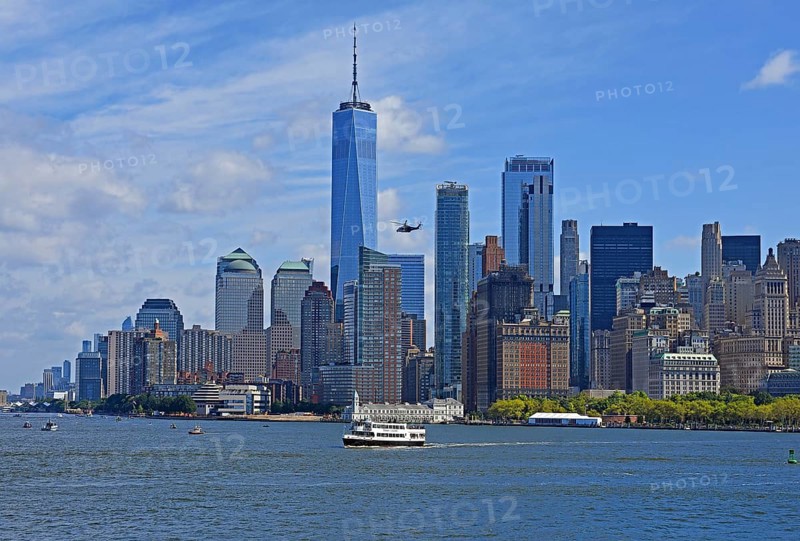 Skyline with skyscrapers, Financial District, helicopter in front of One World Trade Centre or Freedom Tower, Hudson River, Lower Manhattan, New York City, New York, USA, North America