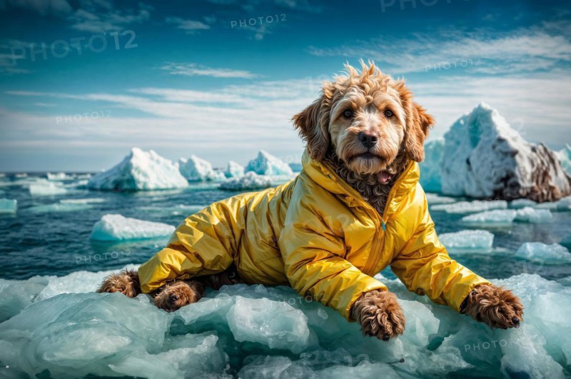 Labradoodle confident dog in a yellow golden puffer coat lying on an iceberg with a backdrop of glaciers under a clear blue sky, climate change environmental concept, AI generated