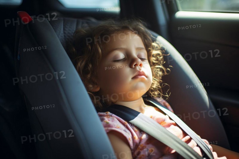 Young girl child sleeping in child's seat in car. KI generiert, generiert AI generated