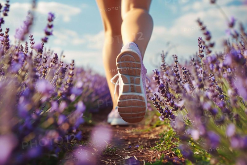 Back view of woman's legs with sport shoes jogging in through vield of purple lavender flowers. KI generiert, generiert AI generated