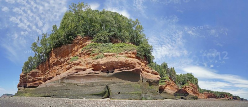 Wooded cliffs, red sandstone, Five Islands Provincial Park, Fundy Bay, Nova Scotia, Canada, North America