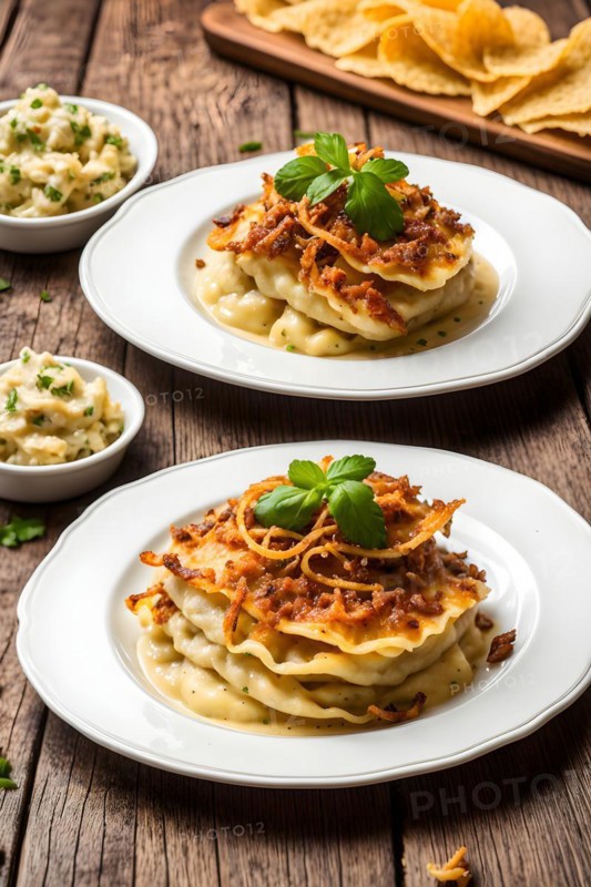 The rustic wooden table groans under the weight of the thick Maultaschen, garnished with golden-yellow, crispy onions, Ai generated