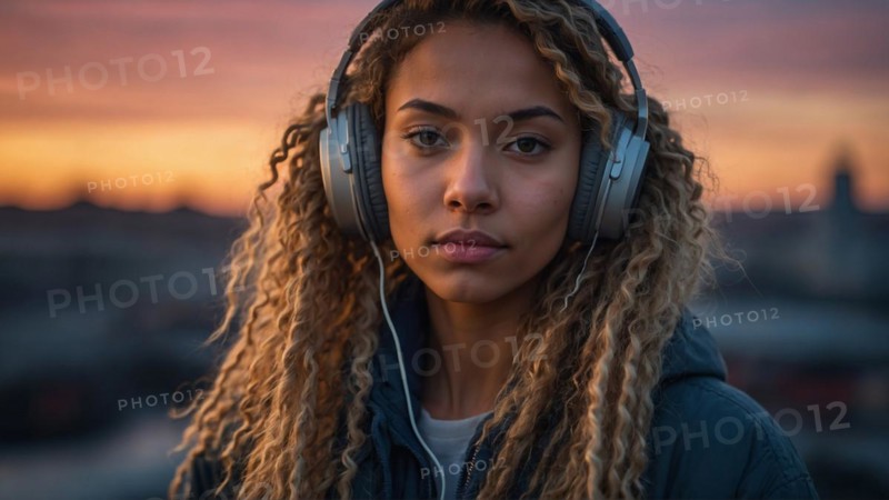 Serious-looking Mixed-race blonde woman with headphones stands before a cityscape at sunrise, bokeh blurred background, horizontal aspect ratio, AI generated