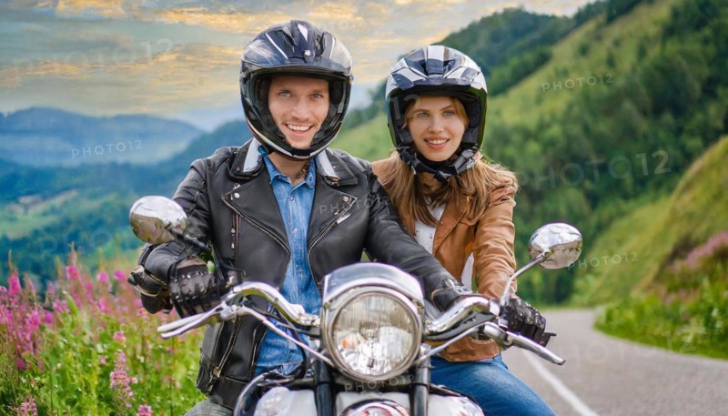 AI generated, A young couple riding a motorbike through an autumn landscape