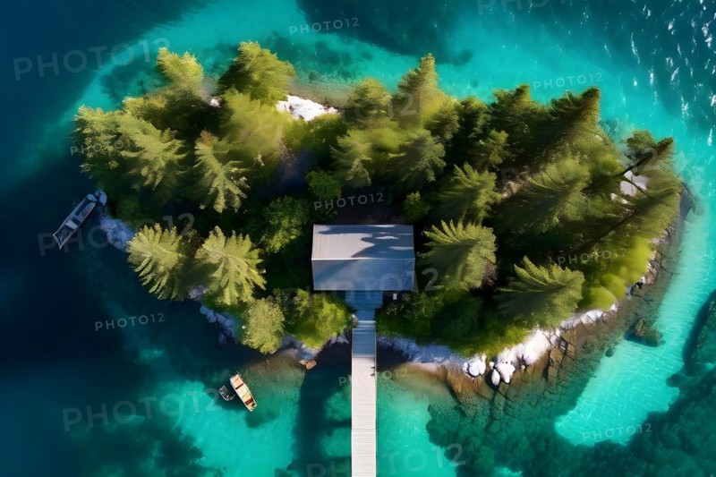Drone view top down perspective of a minimalist cabin solitary on a secluded island, AI generated, building, architecture, modern