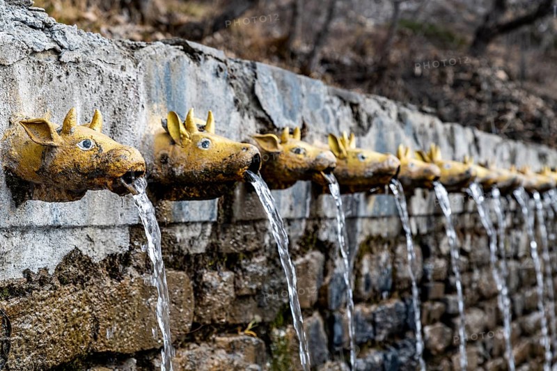 Water fountains, Vishnu temple, Mutinath valley, Kingdom of Mustang, Nepal, Asia