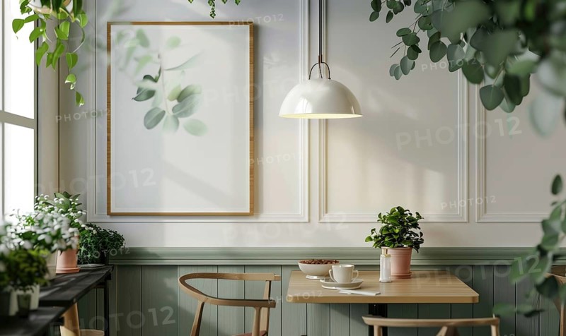 A modern cafe scene with framed image and indoor plants under calming pendant lighting AI generated