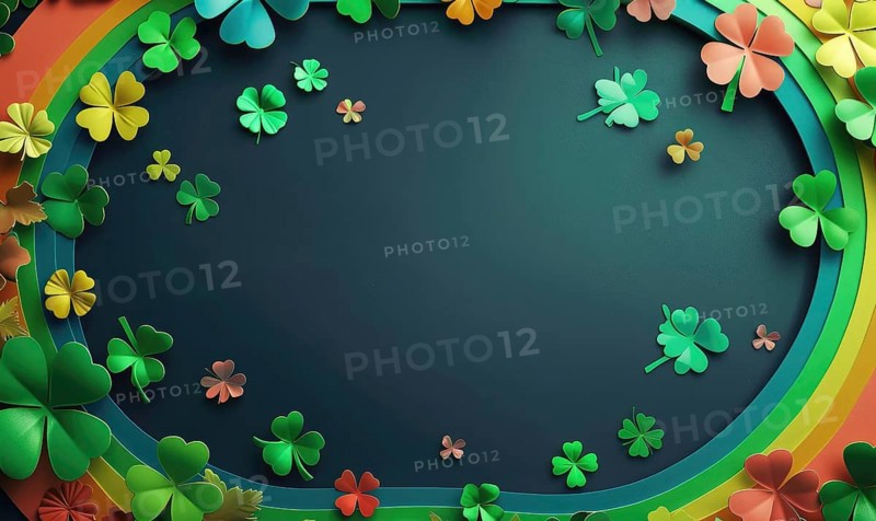 Decorative border featuring a cheerful rainbow surrounded by clovers and flowers AI generated