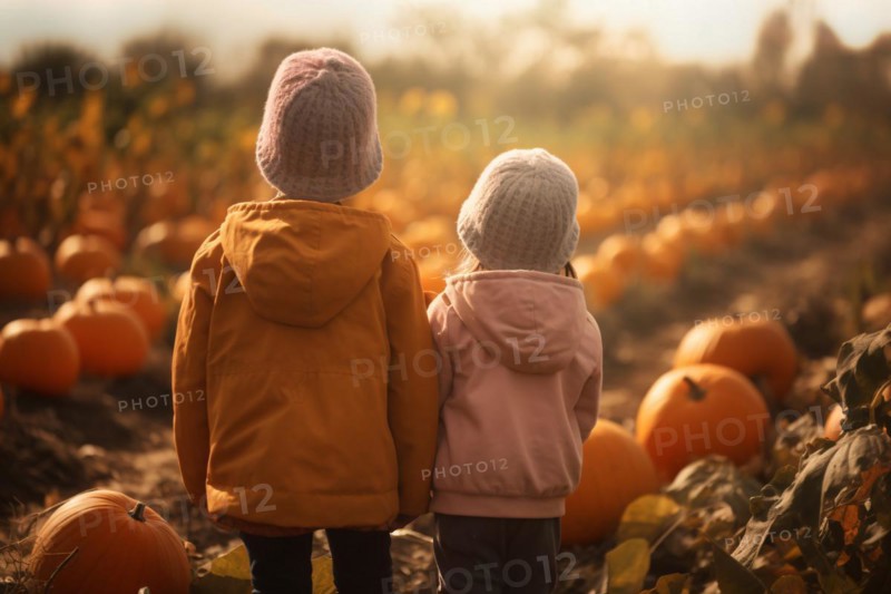 Back view of children in front of pumpkin field. KI generiert, generiert AI generated