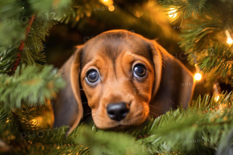 Close up of cute Dachshund dog puppy hiding in Christmas tree. KI generiert, generiert AI generated