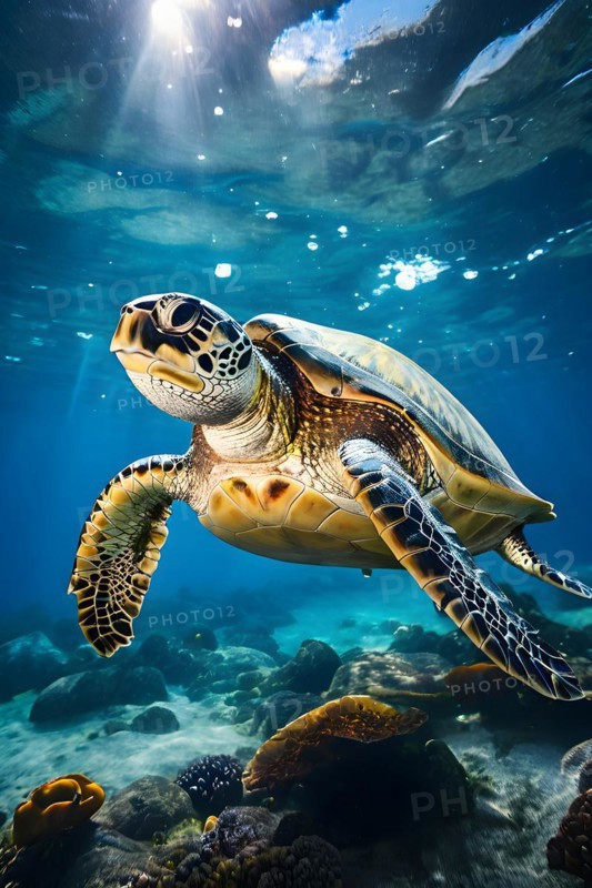 Turtle ensnared by plastic debris battles the ocean currents, AI generated