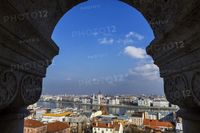 View through the facade of the Fisherman's Bastion to the Danube and the Parliament, politics, city view, travel, city trip, tourism, overview, Eastern Europe, architecture, building, history, historical, cityscape, river, capital, Budapest, Hungary, Europe