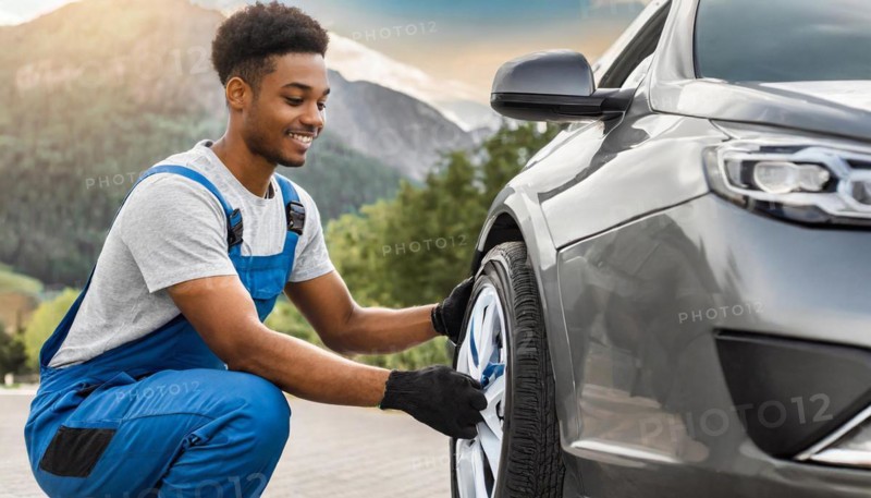AI generated, A mechanic changes the tyres on a customer's car, tyre fitting, silver car