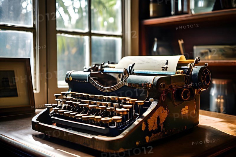 Antique typewriter with peeling paint and rust, AI generated