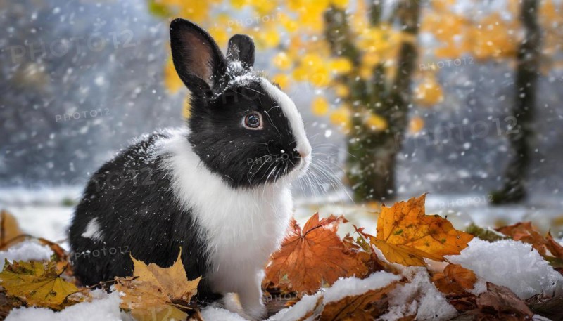 KI generated, A black and white dwarf rabbit in a meadow with autumn leaves, onset of winter, ice, snow, winter, side view, (Brachylagus idahoensis)