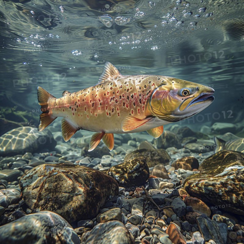 Salmon (Salmo salar) on the migration and swim up a stream in shallow, clear water, ai generiert, AI generated
