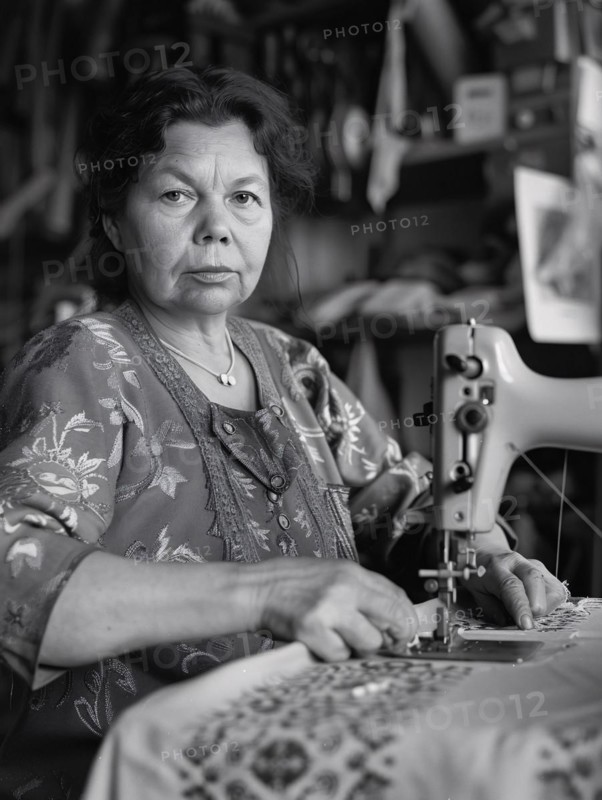 Focused woman using a sewing machine in a workshop, illustrating craftsmanship, AI generated