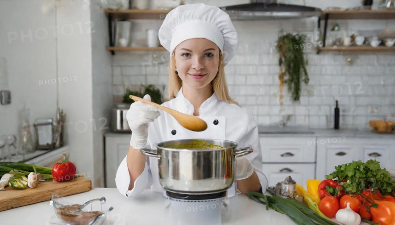 AI generated, An attractive blonde cook in the kitchen of a hotel tastes a vegetable soup