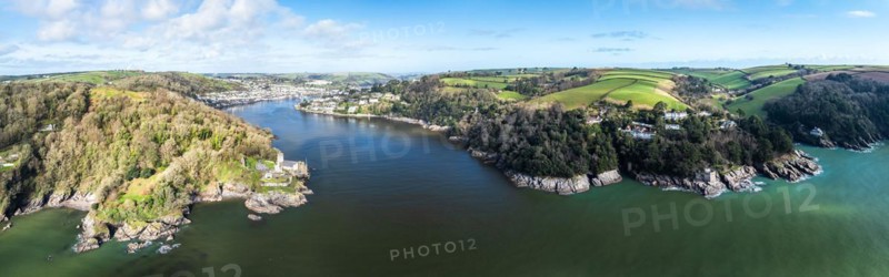 Panorama of Dartmouth Castle and Kingswear Castle over River Dart from a drone, Dartmouth, Kingswear, Devon, England, United Kingdom, Europe