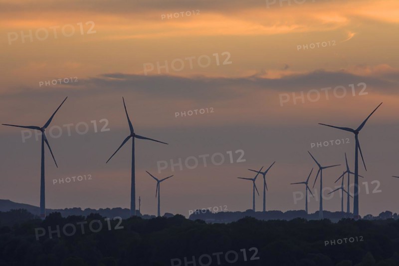 Wind turbines in the sunset, Schoenberg, Mecklenburg-Vorpommern, Germany, Europe