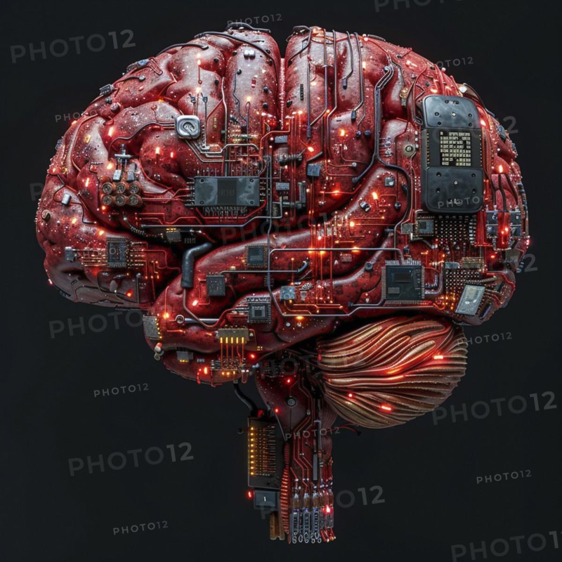 Medical a human head with brain and computer chip, symbol image KI in the human brain, ai generated, AI generated