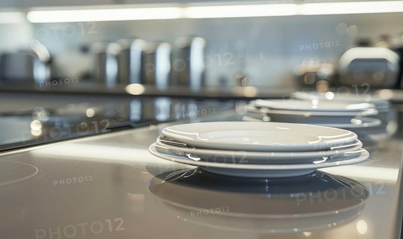 Stacks of white plates on a reflective kitchen counter in a modern design AI generated